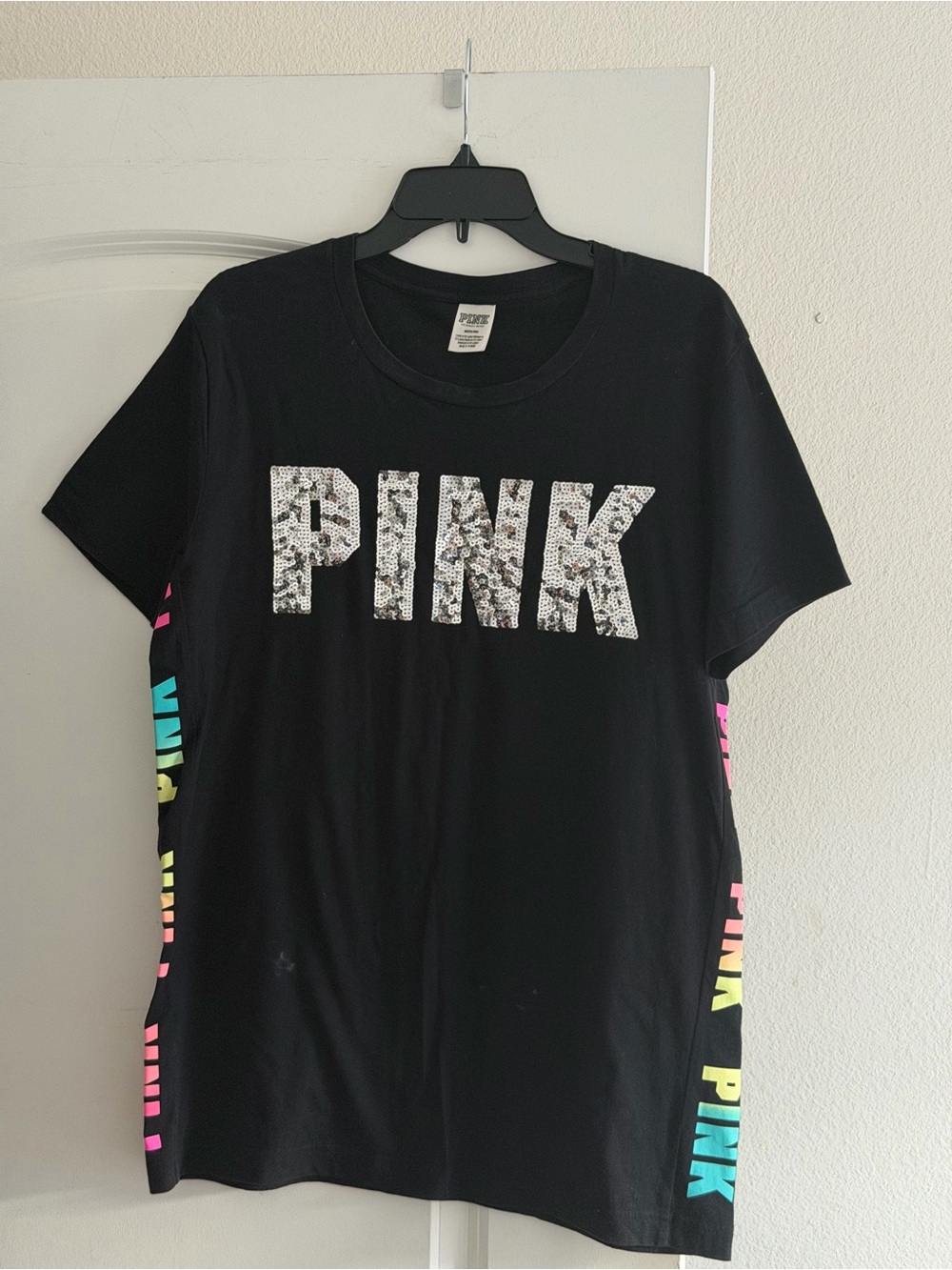 PINK Victoria's Secret Black Sequin Logo Tee with Neon Side Stripes